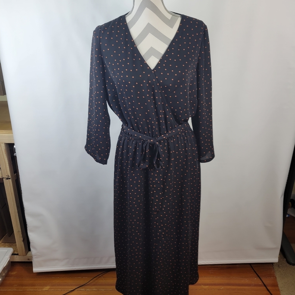 J Jill Faux Wrap Maxi Dress Lined Black Orange Dots Belted Size Medium